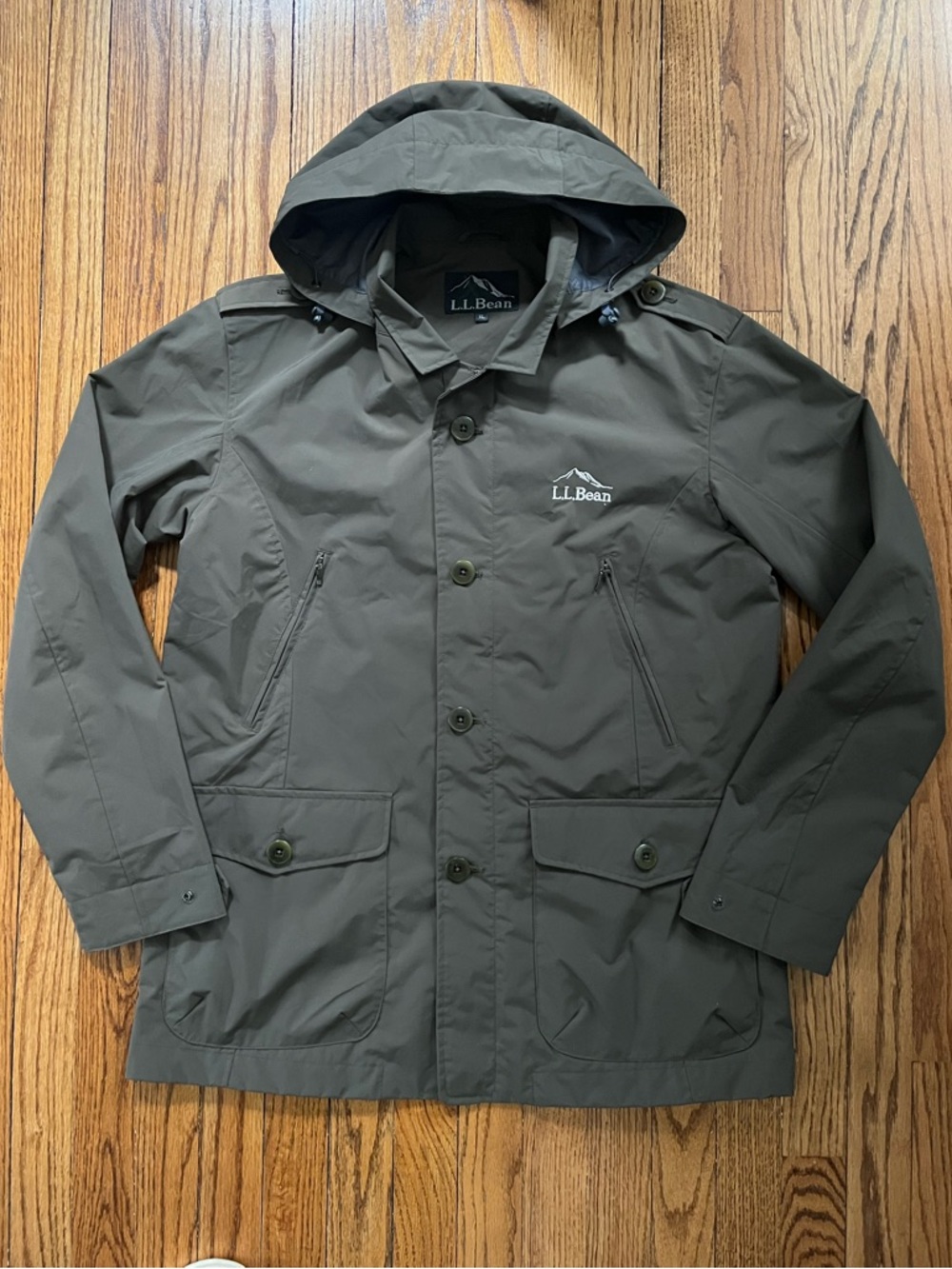 L.L. Bean Olive Green Hooded Nylon Men’s Sz. XL Raincoat Outdoors Hiking Preppy